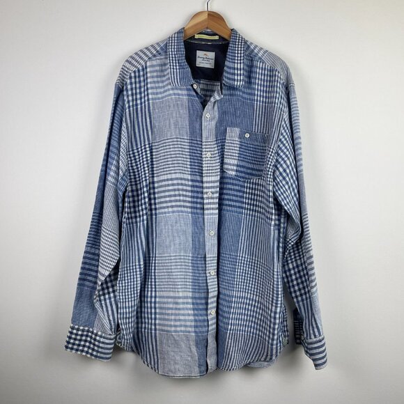 Tommy Bahama Men’s 100% Linen Long Sleeve Blue Chambray Plaid Button Down - XXL - Picture 1 of 9